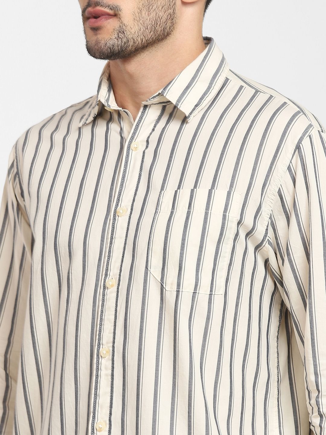 Cream Striped Full Sleeves Shirt