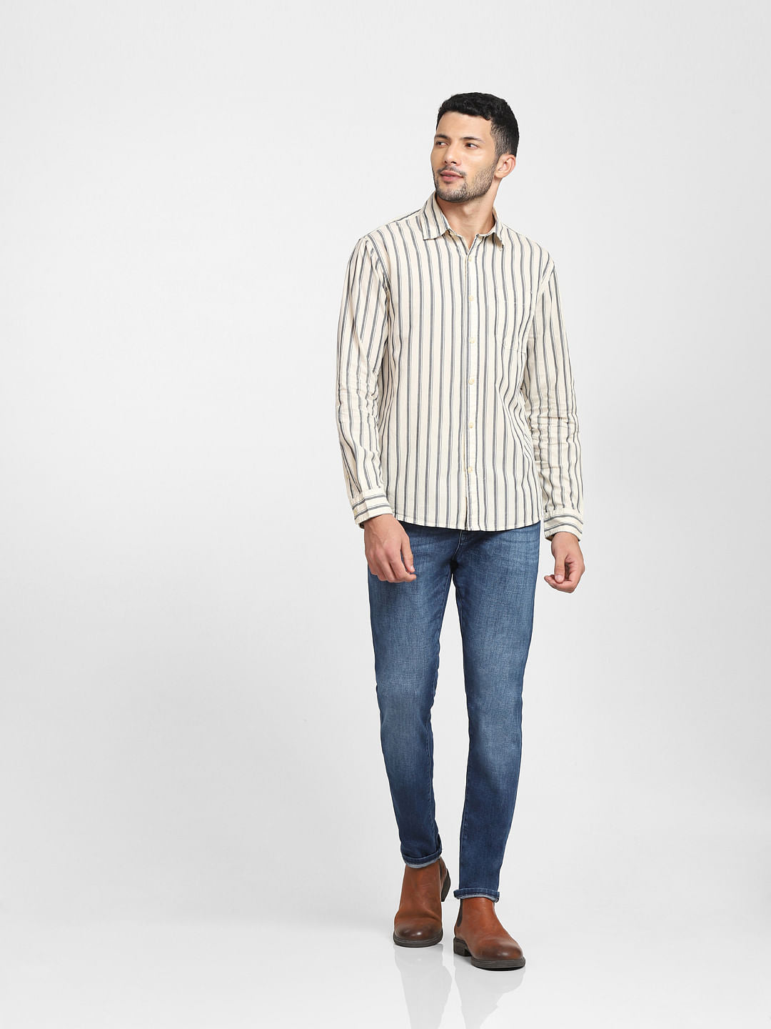 Cream Striped Full Sleeves Shirt