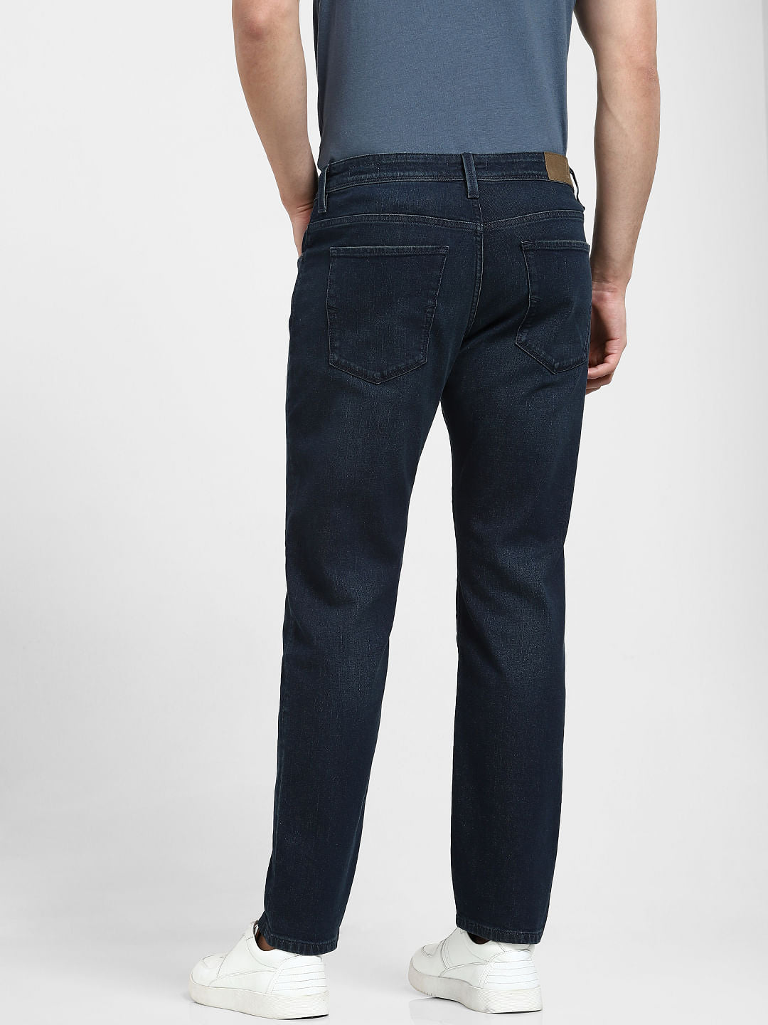 Dark Blue Mid Rise Distressed Straight Fit Jeans