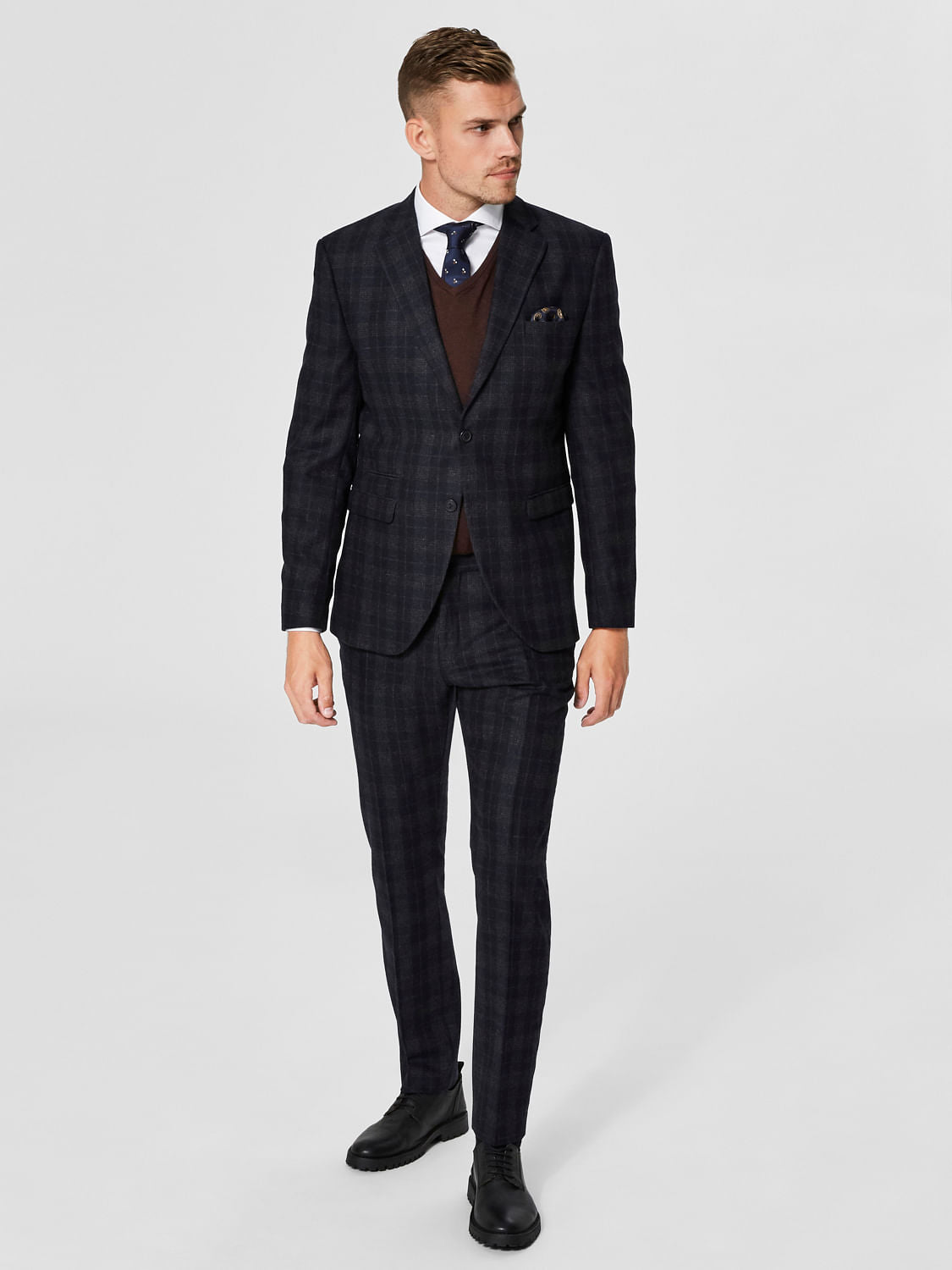 Navy Blue Check Slim Fit Blazer