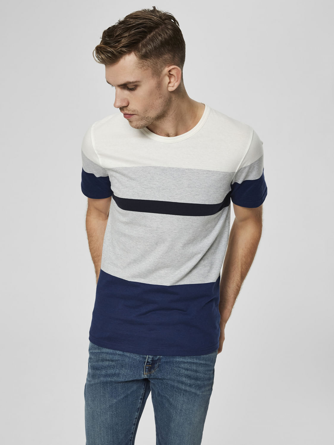 Blue Colour Blocked Crew Neck T-Shirt