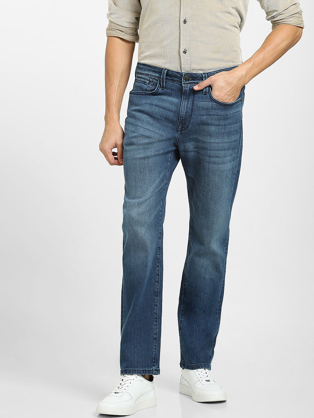 Blue Mid Rise Straight Fit Jeans