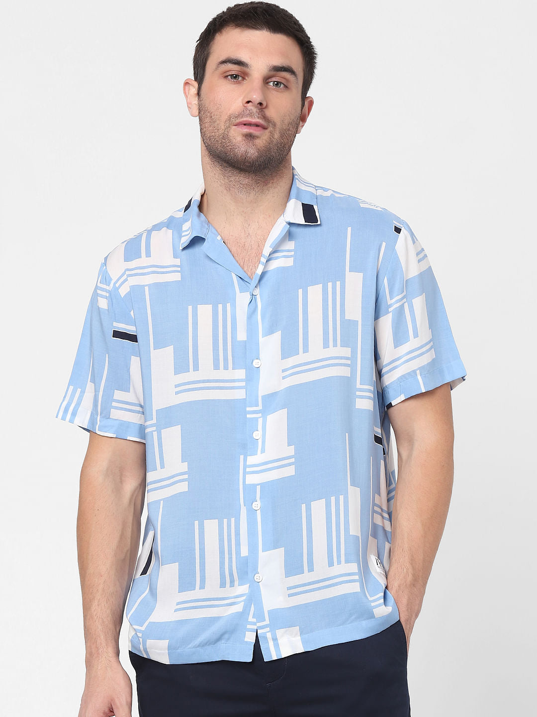 Blue Printed Cuban Collar Shirt