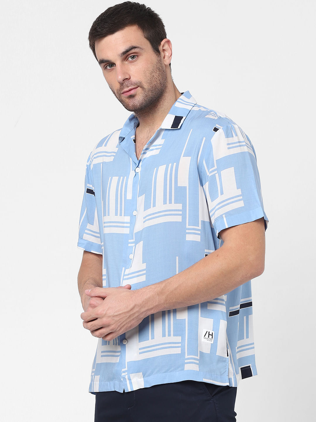 Blue Printed Cuban Collar Shirt
