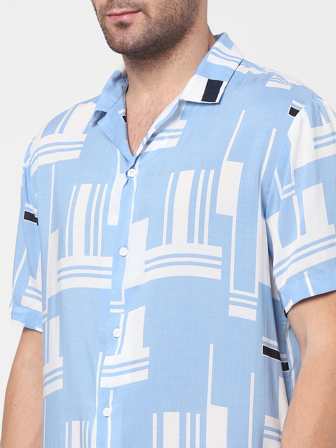 Blue Printed Cuban Collar Shirt