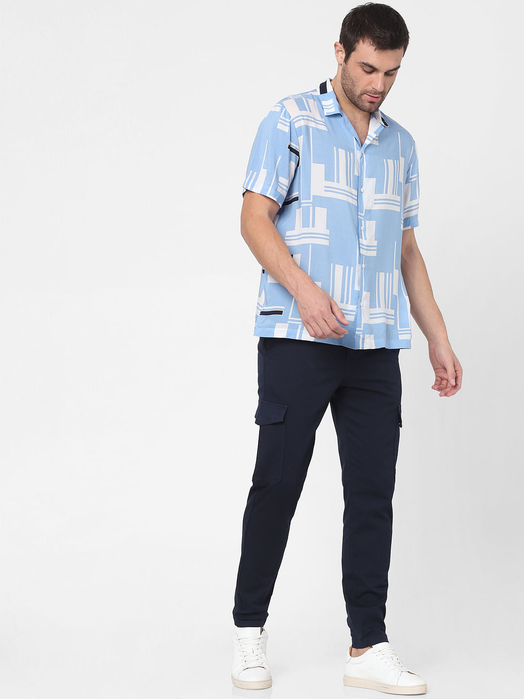 Blue Printed Cuban Collar Shirt