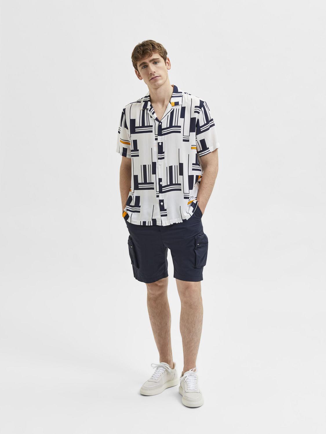 White Printed Cuban Collar Short Sleeves Shirt