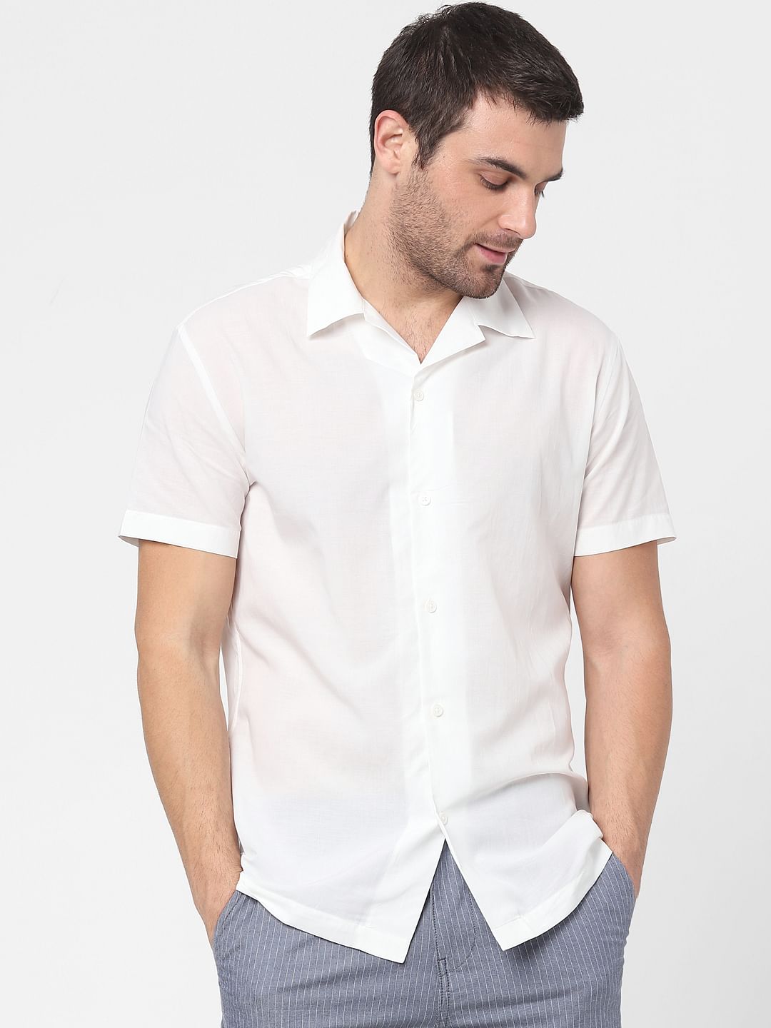 White Striped Cuban Collar Short Sleeves Shirt