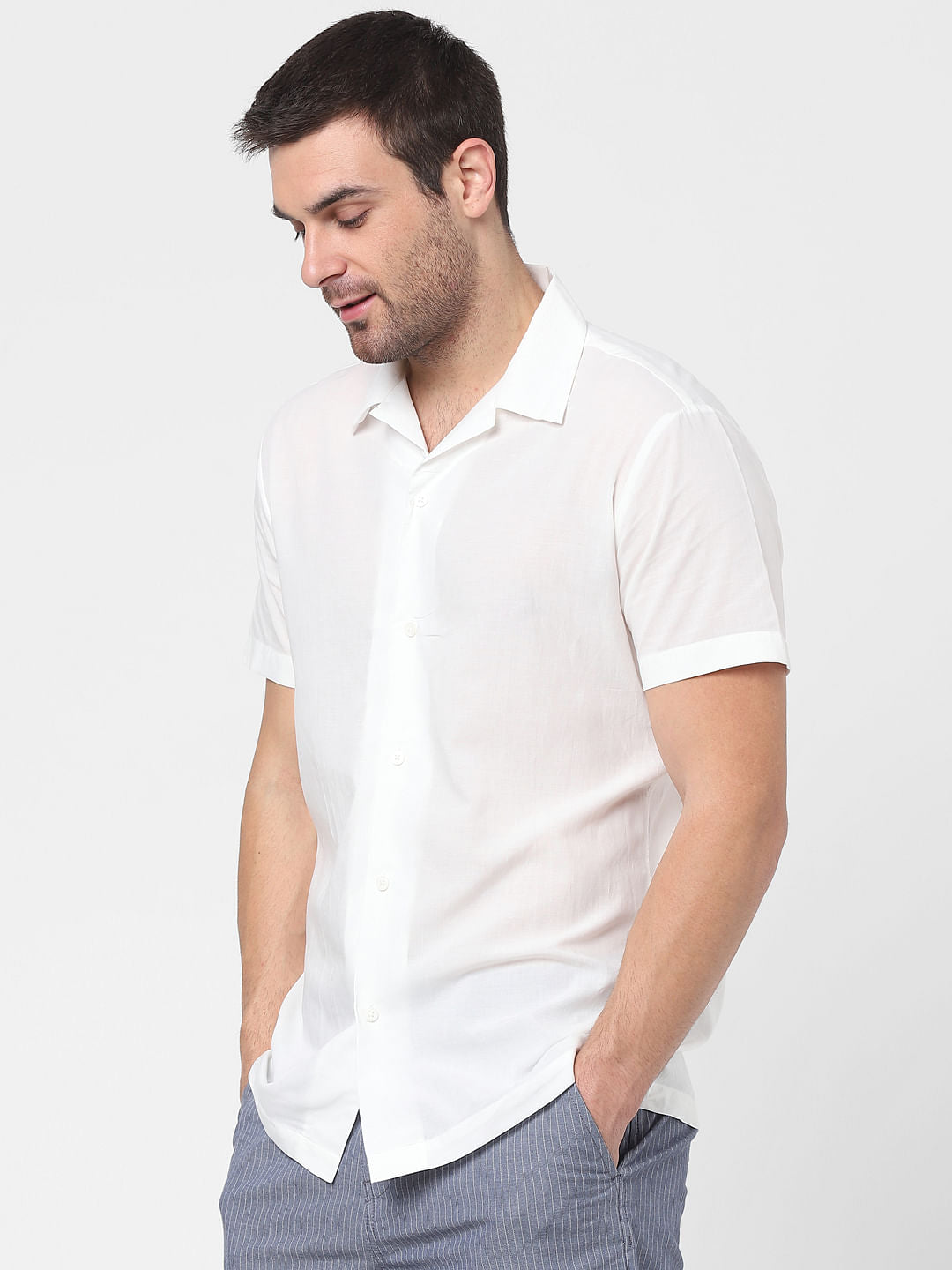White Striped Cuban Collar Short Sleeves Shirt