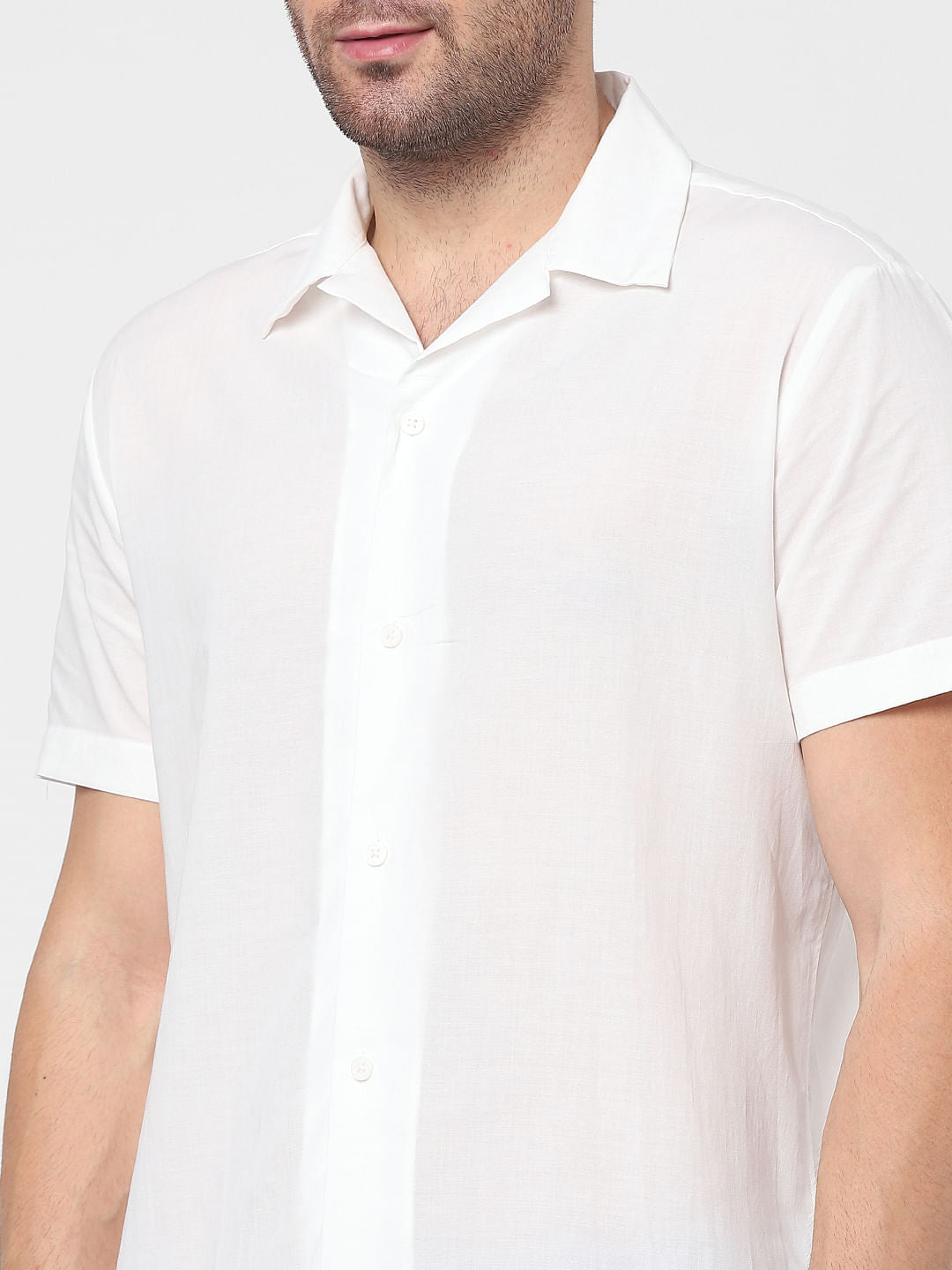 White Striped Cuban Collar Short Sleeves Shirt