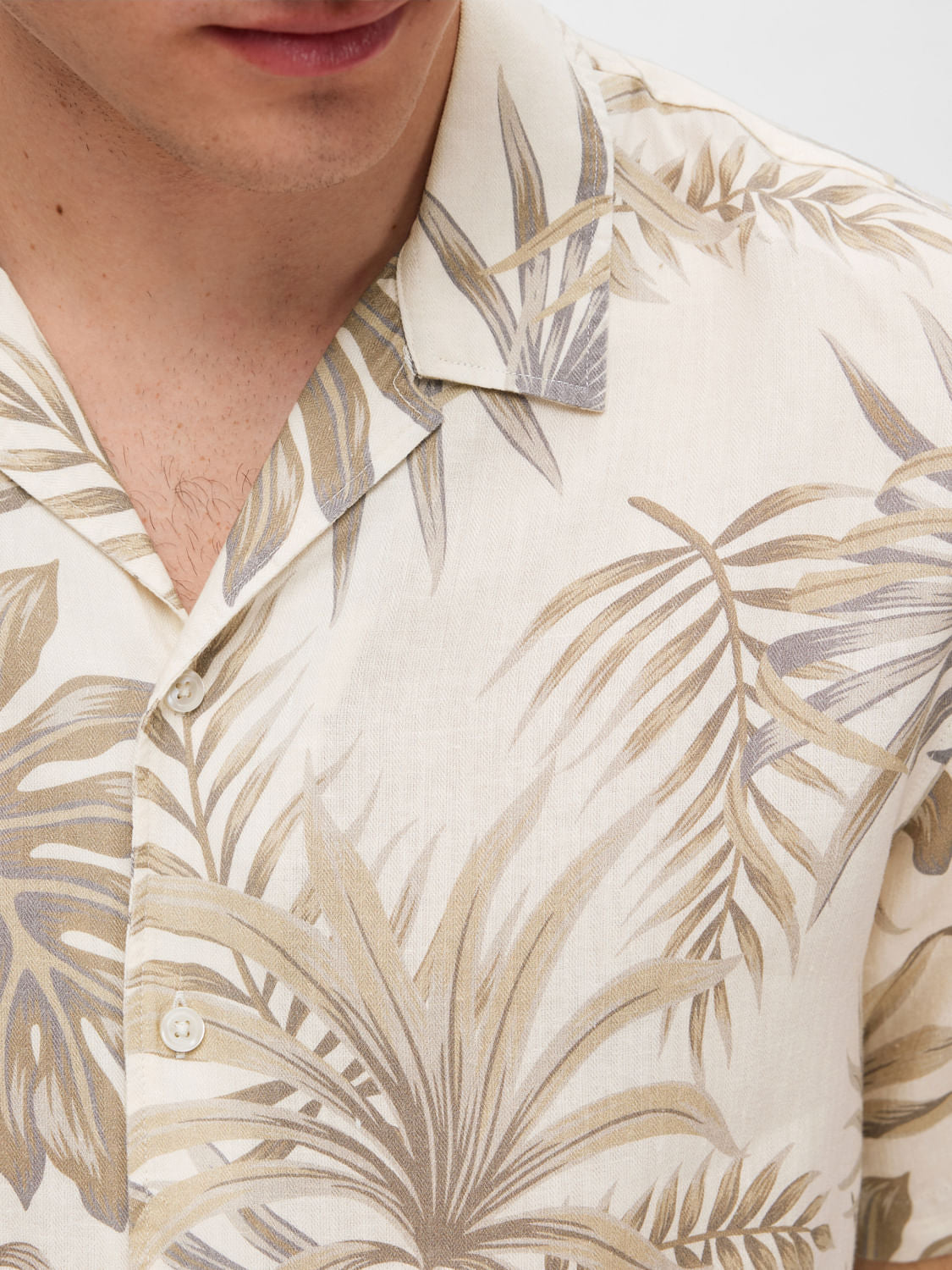 Cream Tropical Print Cuban Collar Shirt