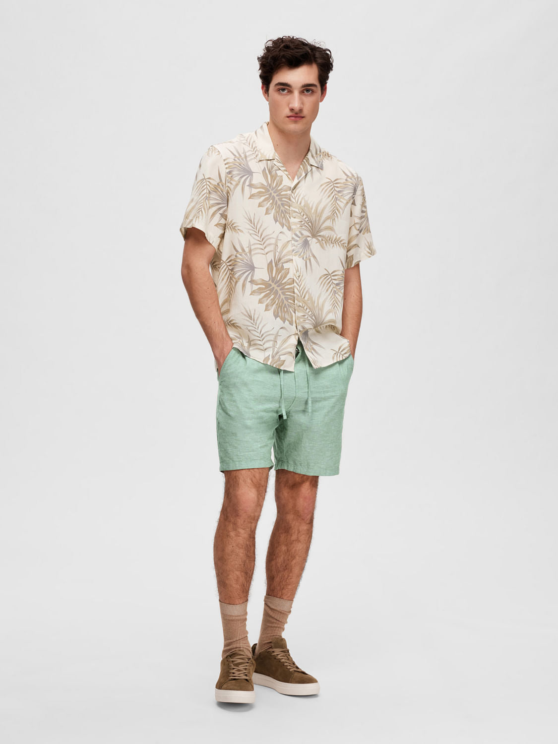 Cream Tropical Print Cuban Collar Shirt