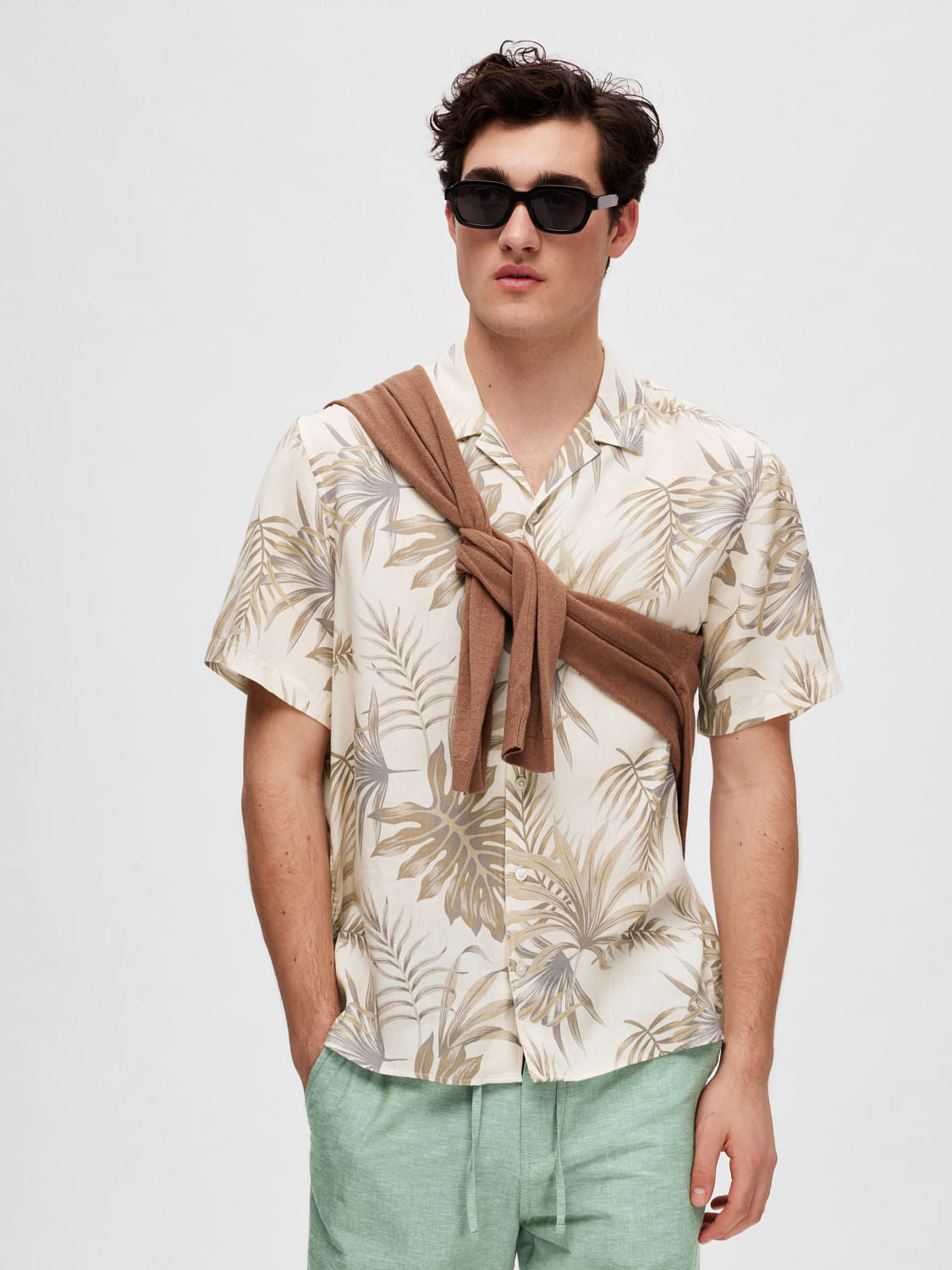 Cream Tropical Print Cuban Collar Shirt