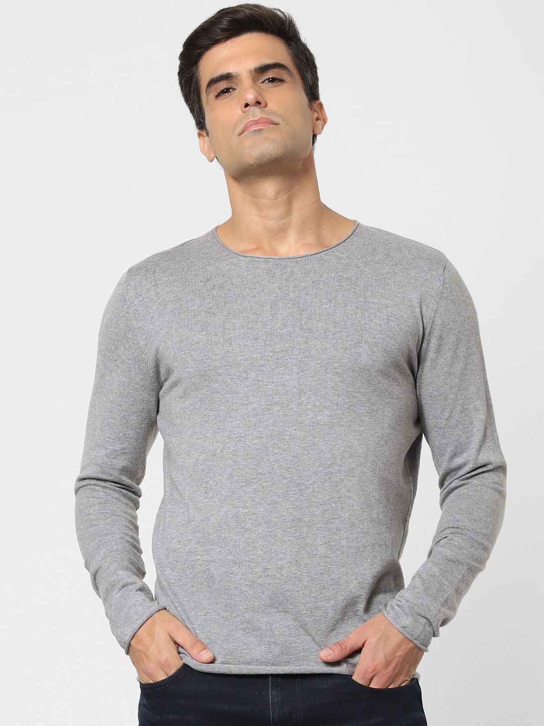 Grey Crew Neck Full Sleeves T-Shirt