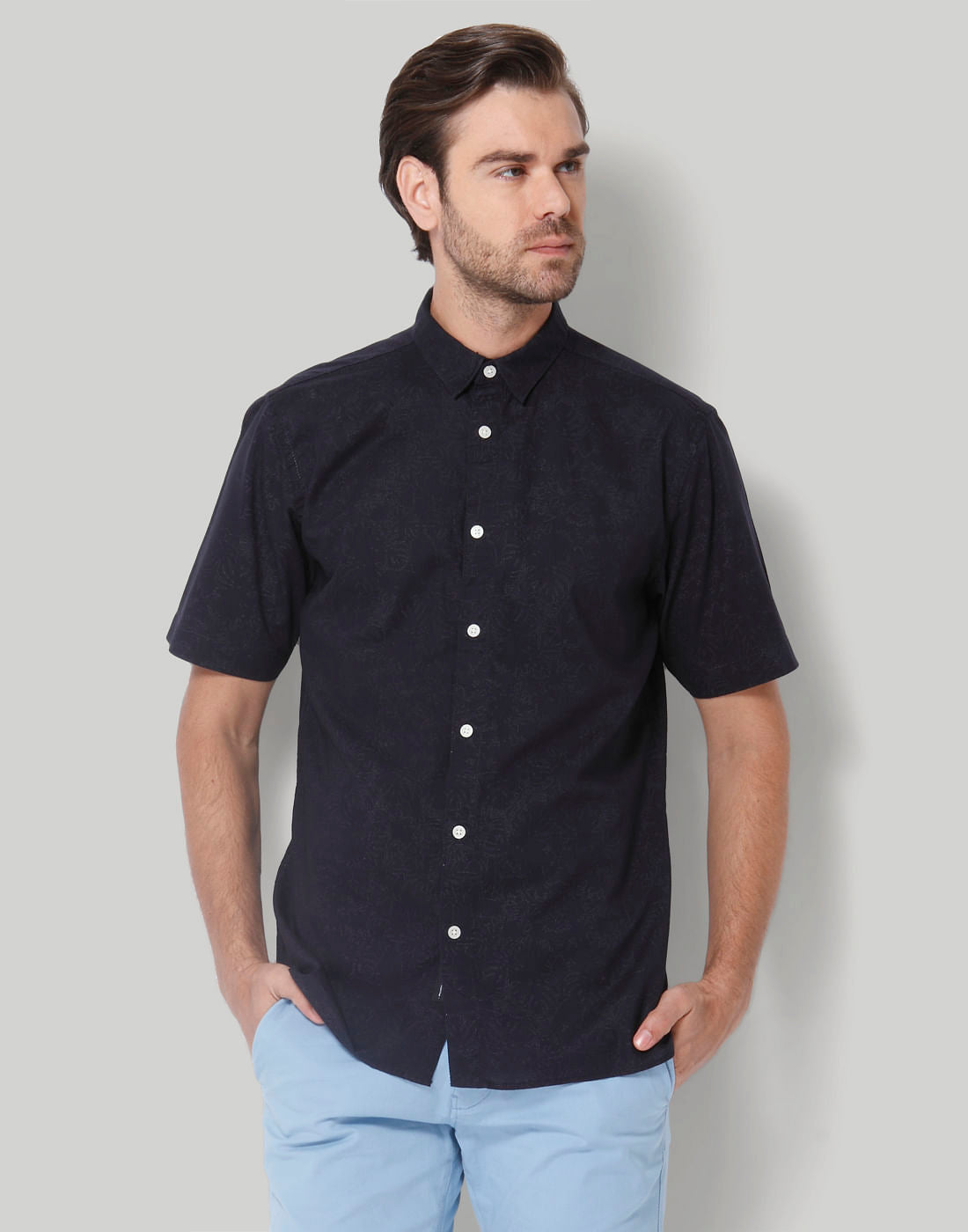 Black Floral Print Short Sleeves Shirt