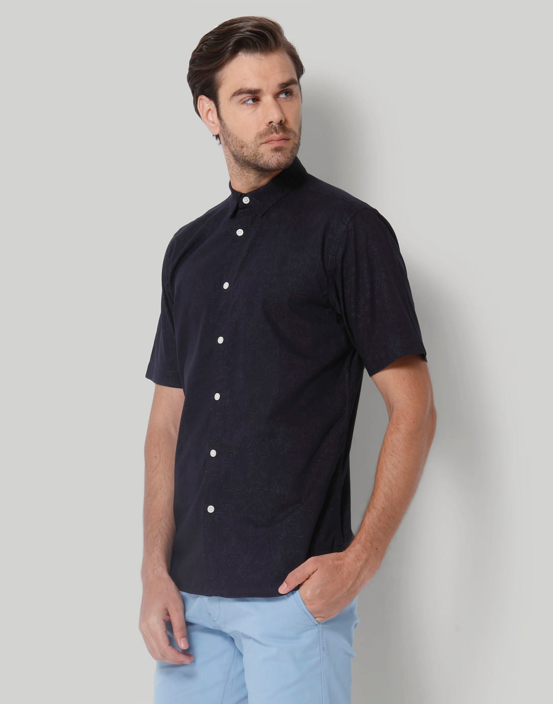 Black Floral Print Short Sleeves Shirt