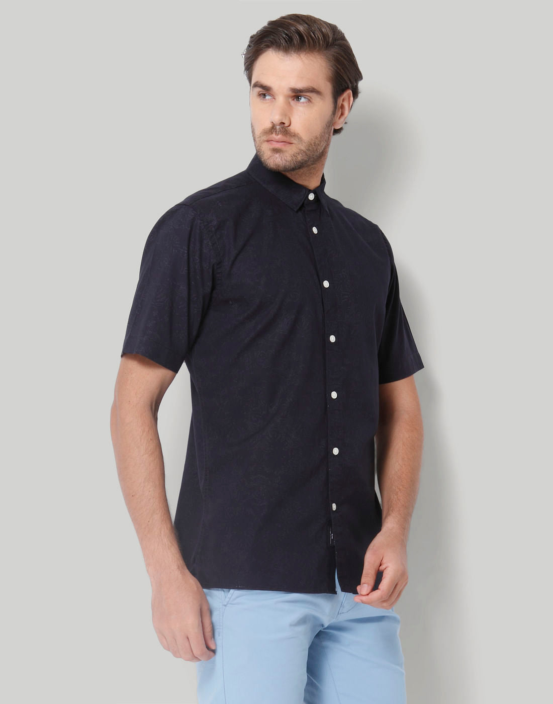 Black Floral Print Short Sleeves Shirt