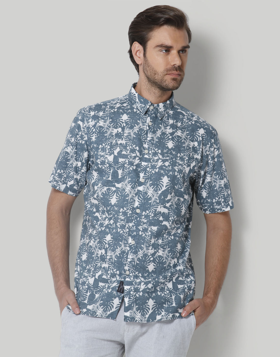 Teal Floral Print Short Sleeves Shirt