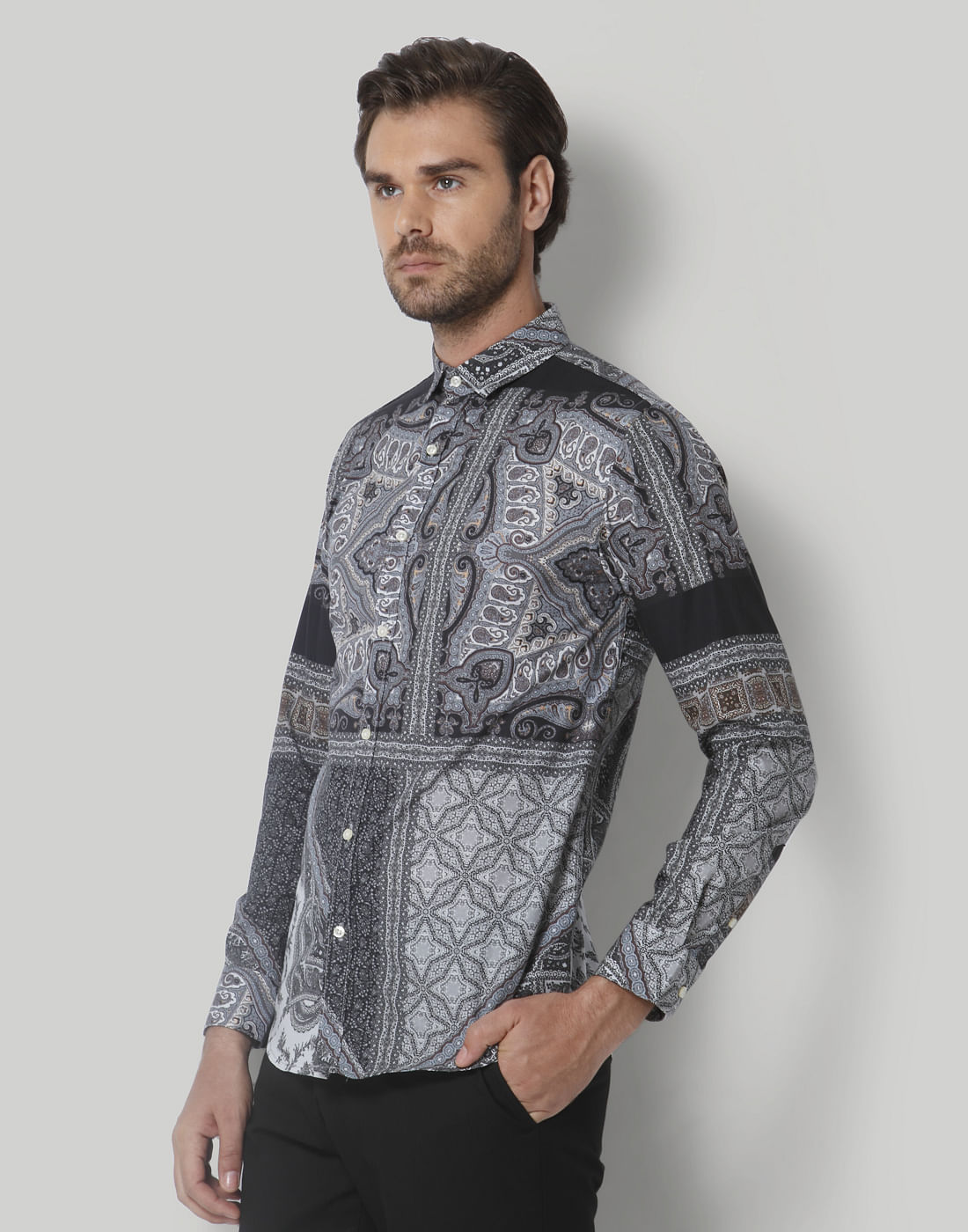 Grey Printed Full Sleeves Shirt