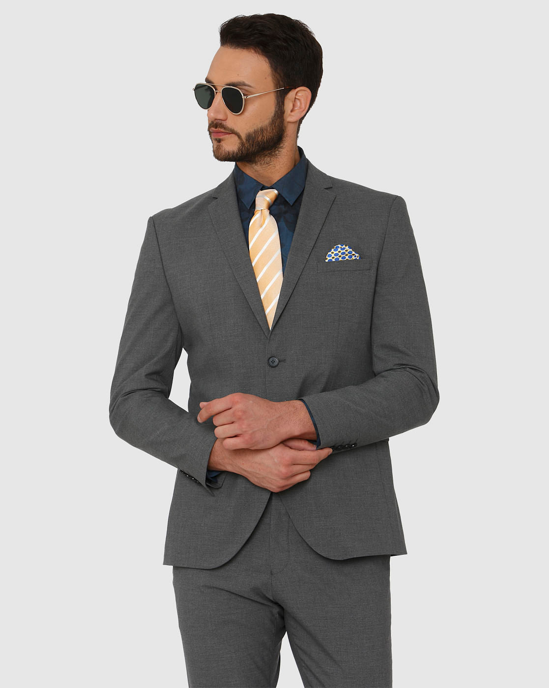Grey Double Button Slim Fit Formal Blazer