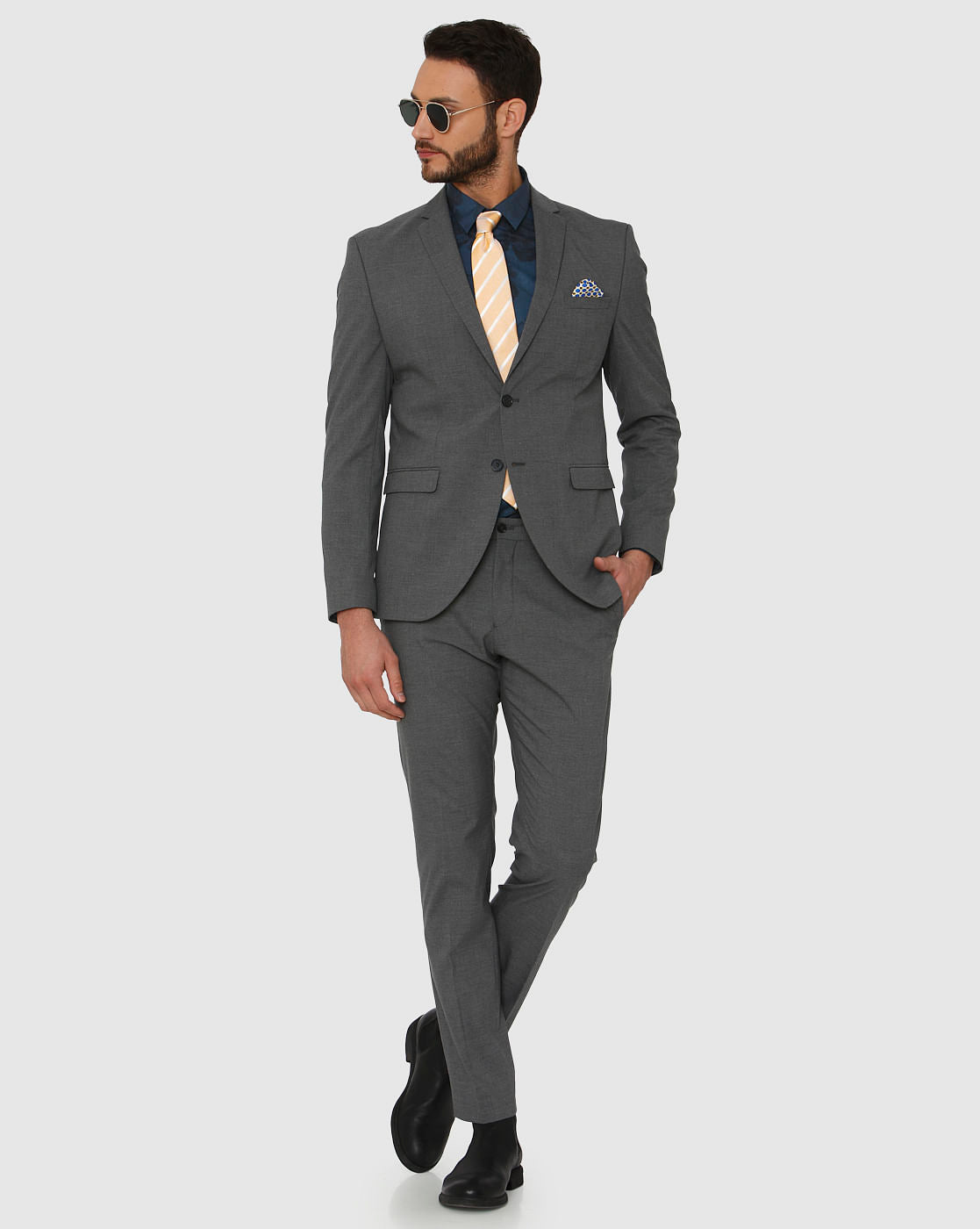 Grey Double Button Slim Fit Formal Blazer