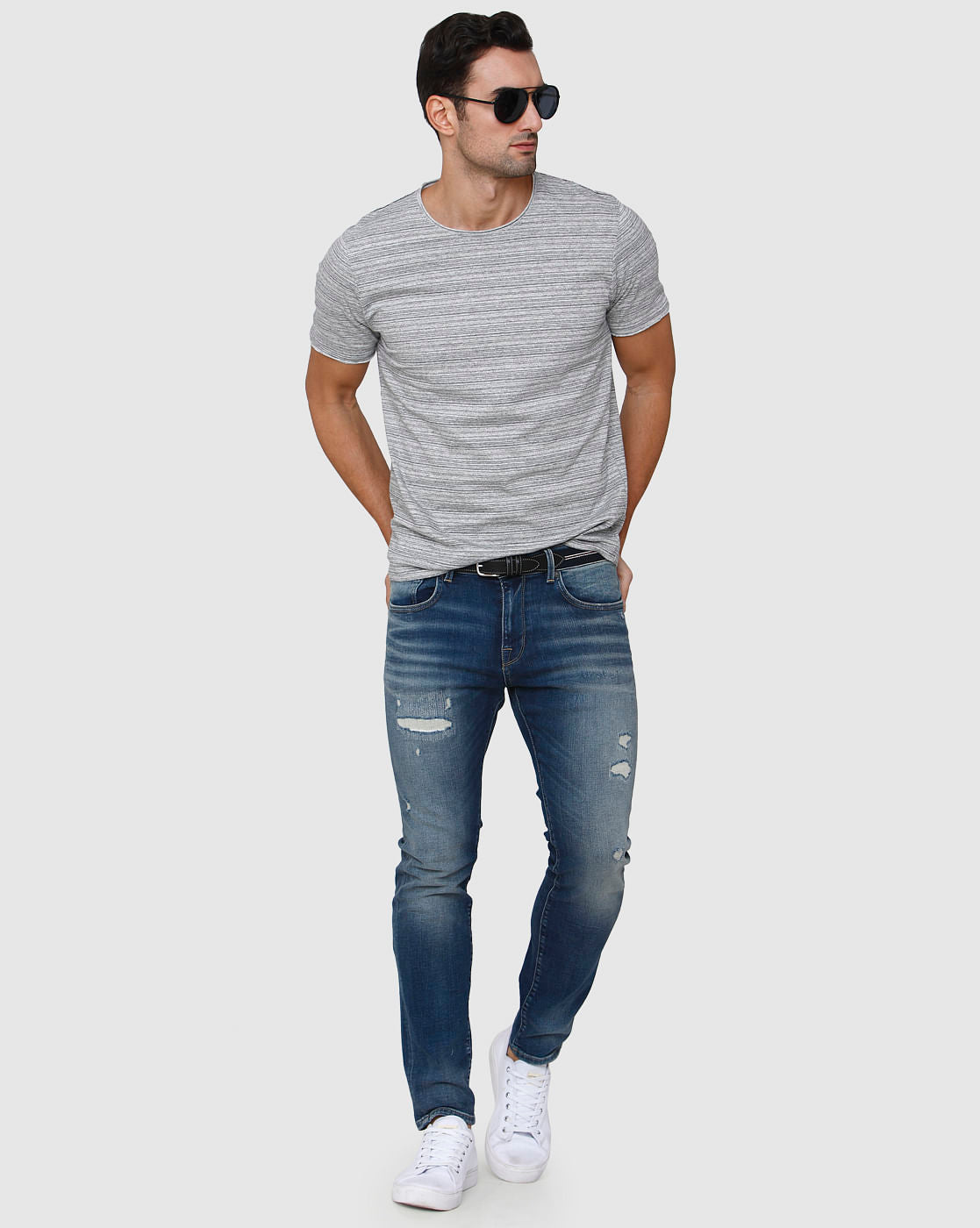 Grey Striped Crew Neck T-Shirt