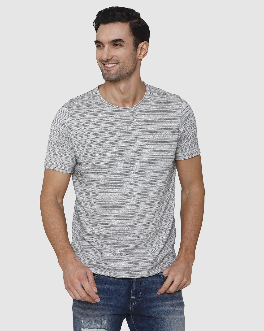 Grey Striped Crew Neck T-Shirt
