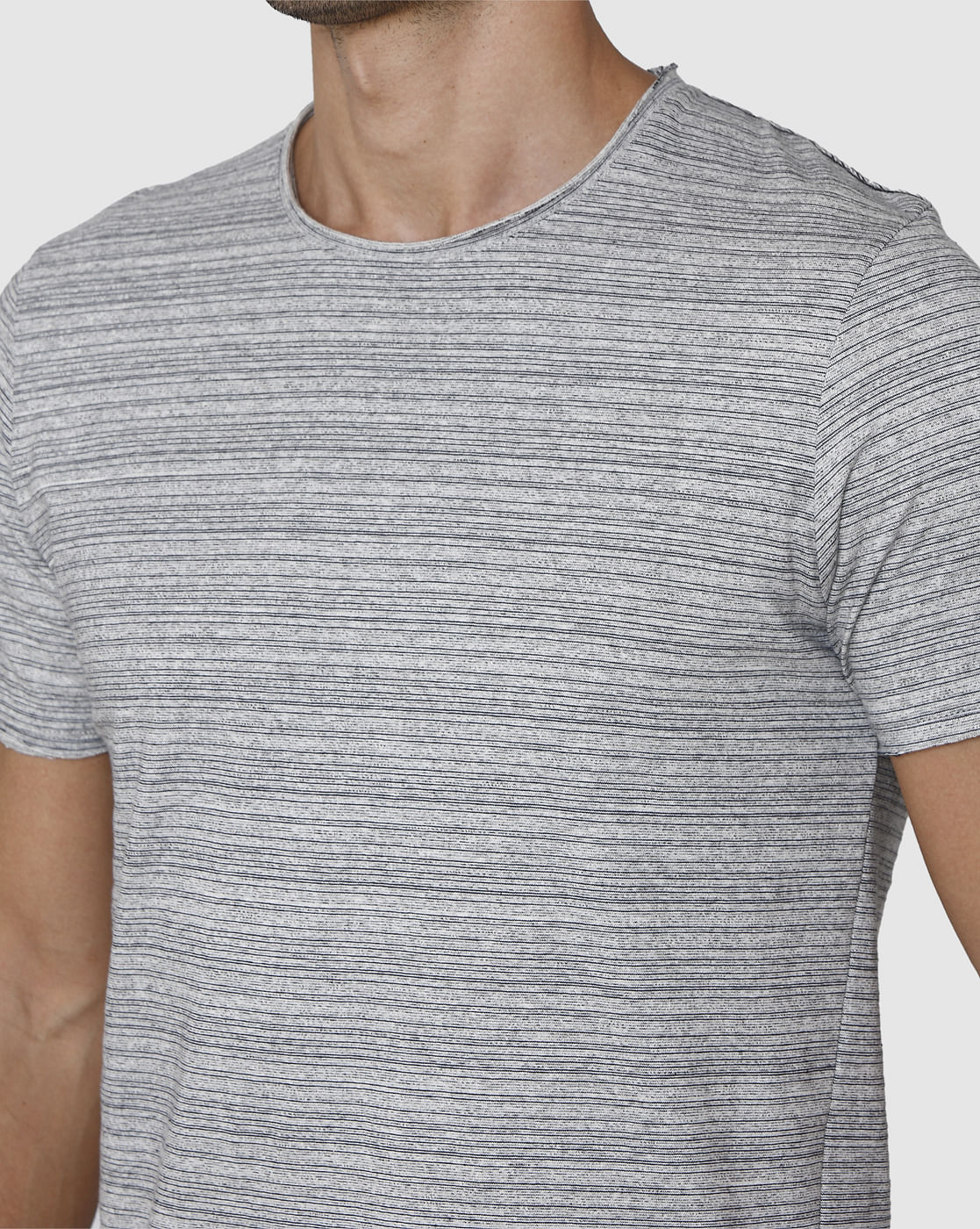 Grey Striped Crew Neck T-Shirt