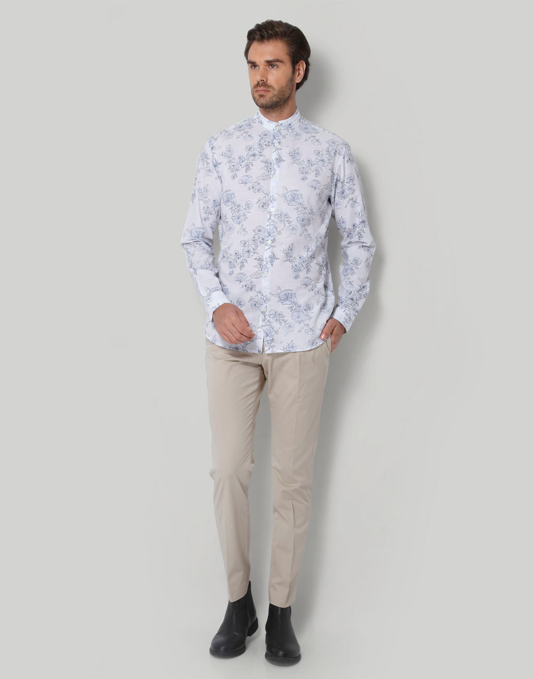 White Floral Print Full Sleeves Shirt