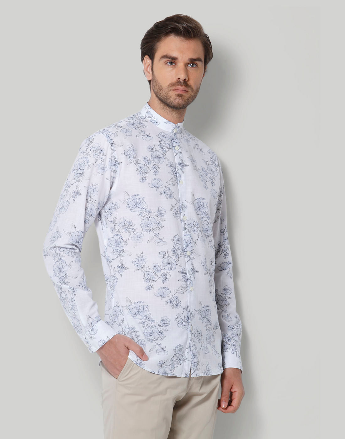 White Floral Print Full Sleeves Shirt