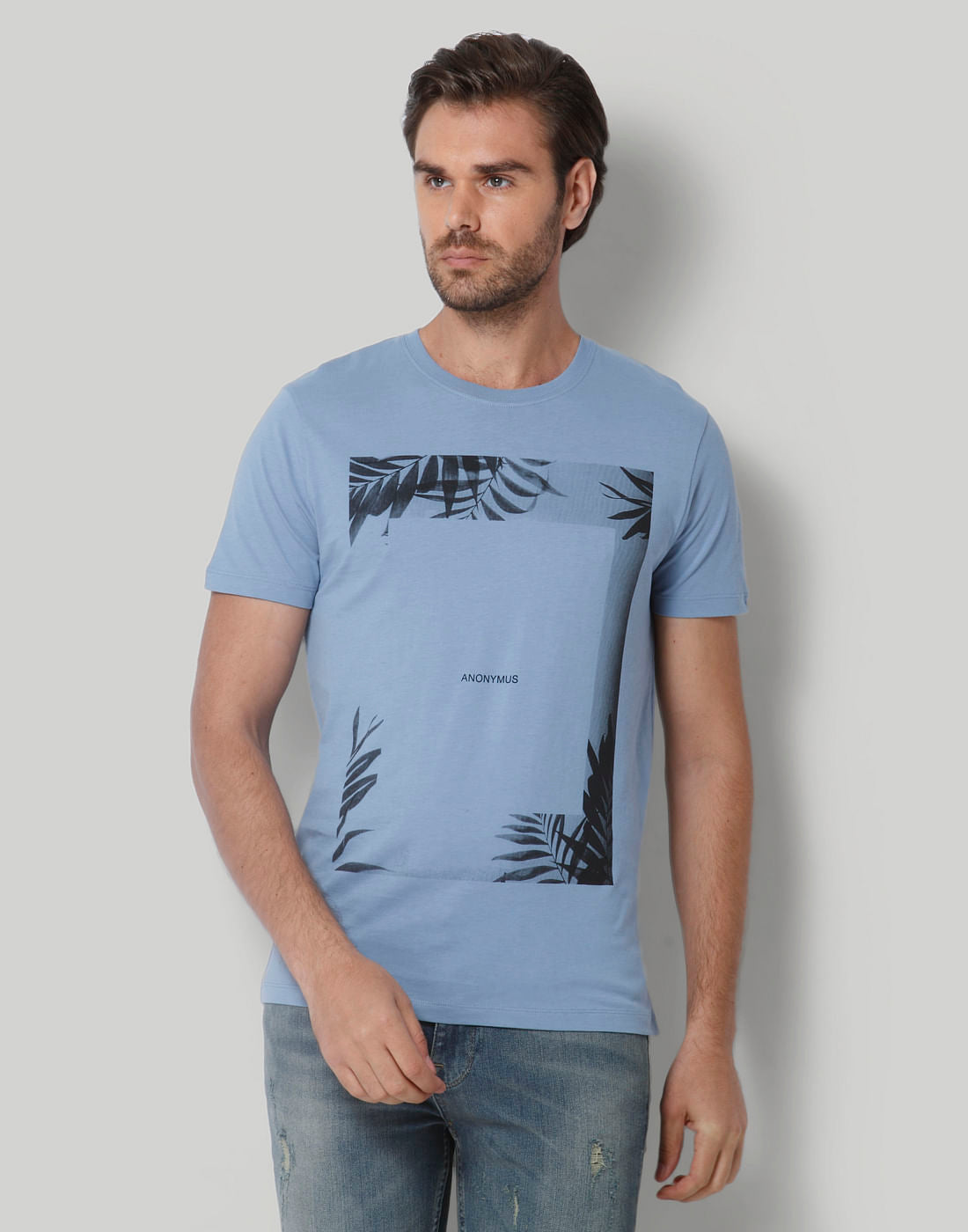 Blue Printed Crew Neck T-Shirt