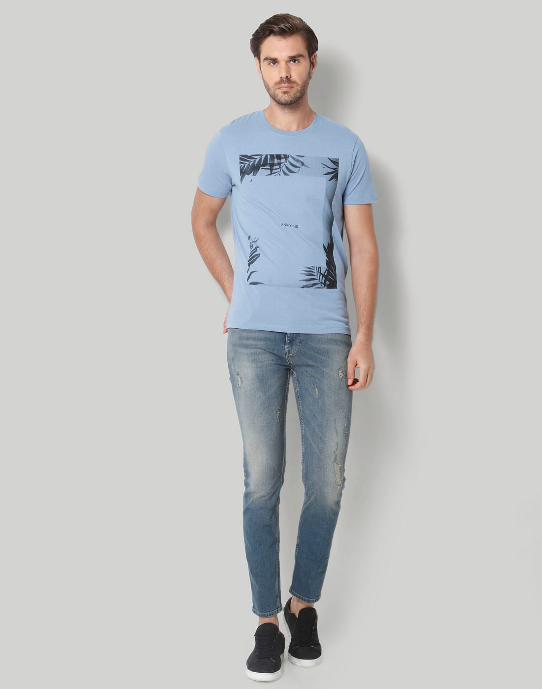 Blue Printed Crew Neck T-Shirt