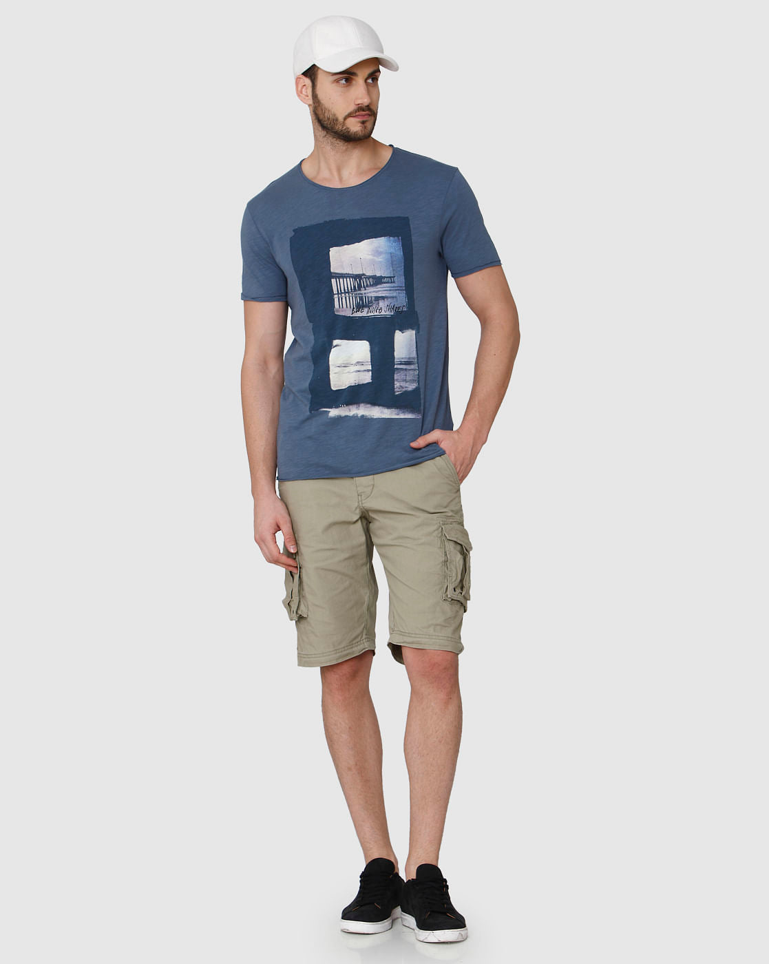 Blue Printed Crew Neck T-Shirt