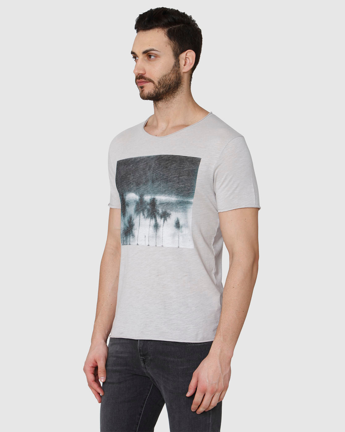 Grey Printed Crew Neck T-Shirt