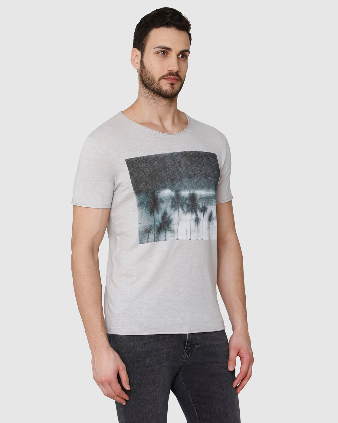 Grey Printed Crew Neck T-Shirt