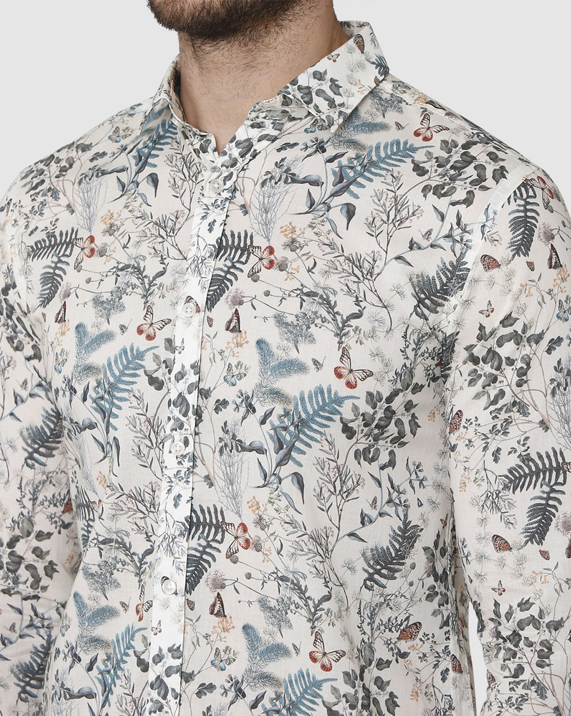 White Floral Print Full Sleeves Shirt