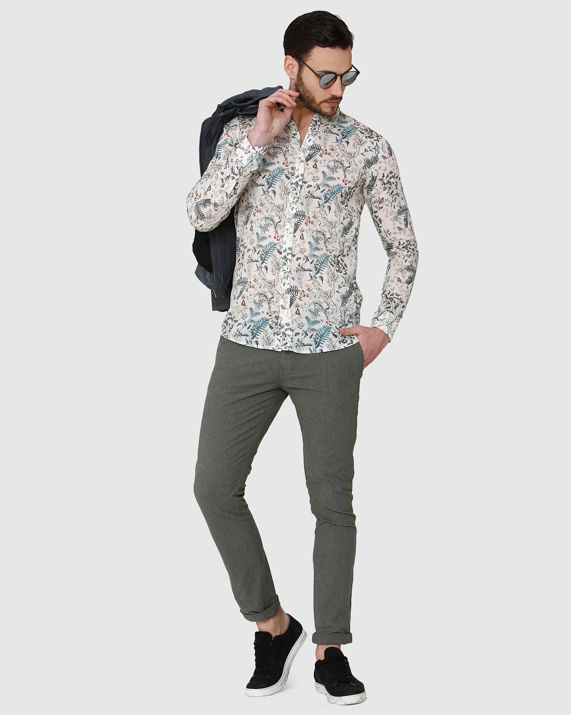 White Floral Print Full Sleeves Shirt