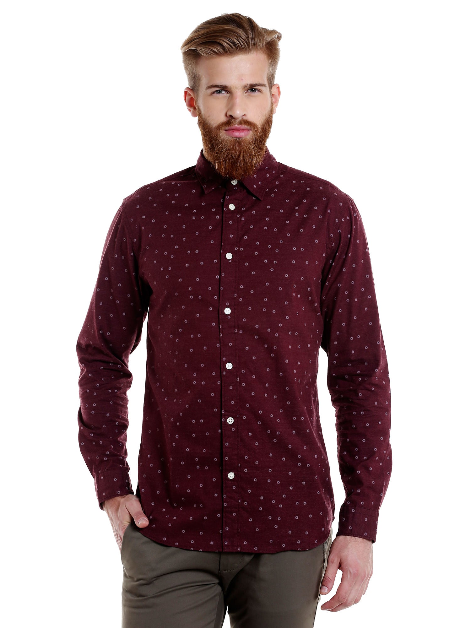 Burgundy Printed Full Sleeves Shirt