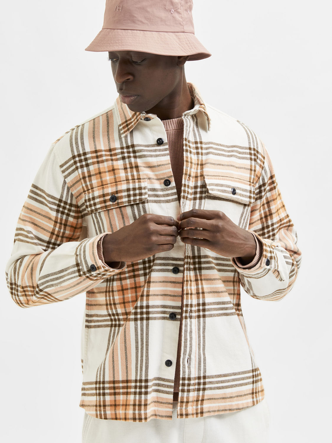 Beige Organic Cotton Checks Overshirt