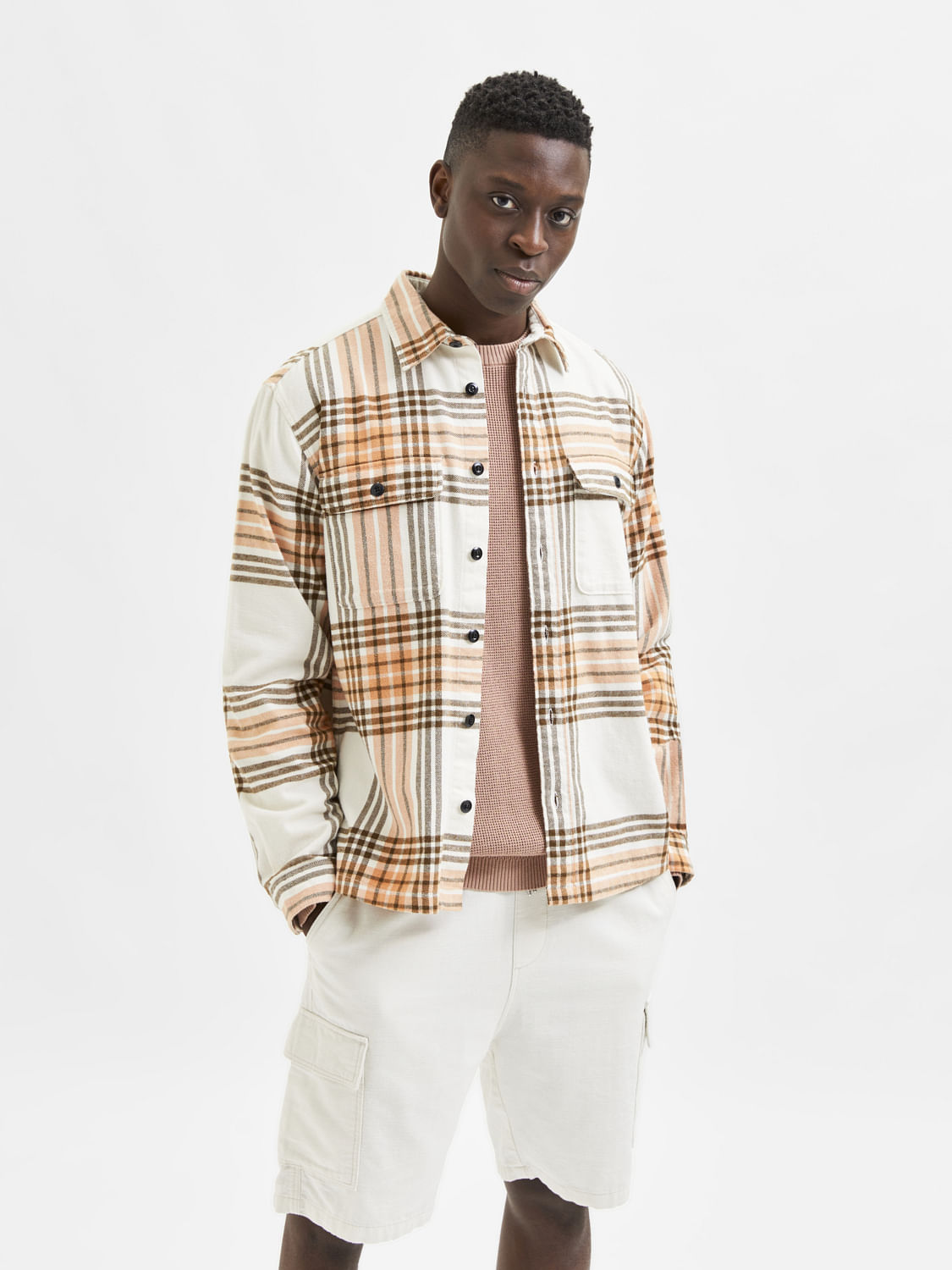 Beige Organic Cotton Checks Overshirt