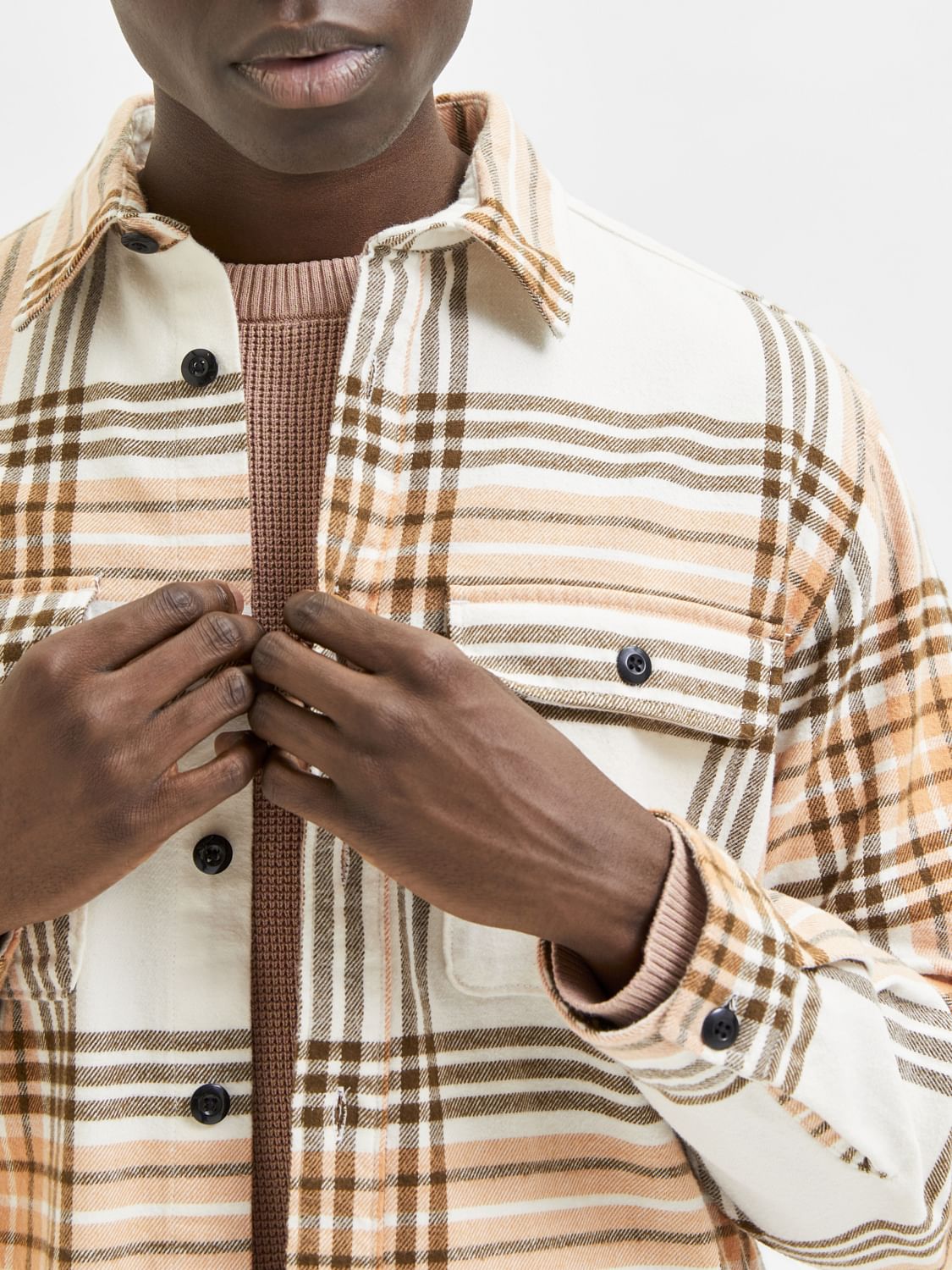 Beige Organic Cotton Checks Overshirt