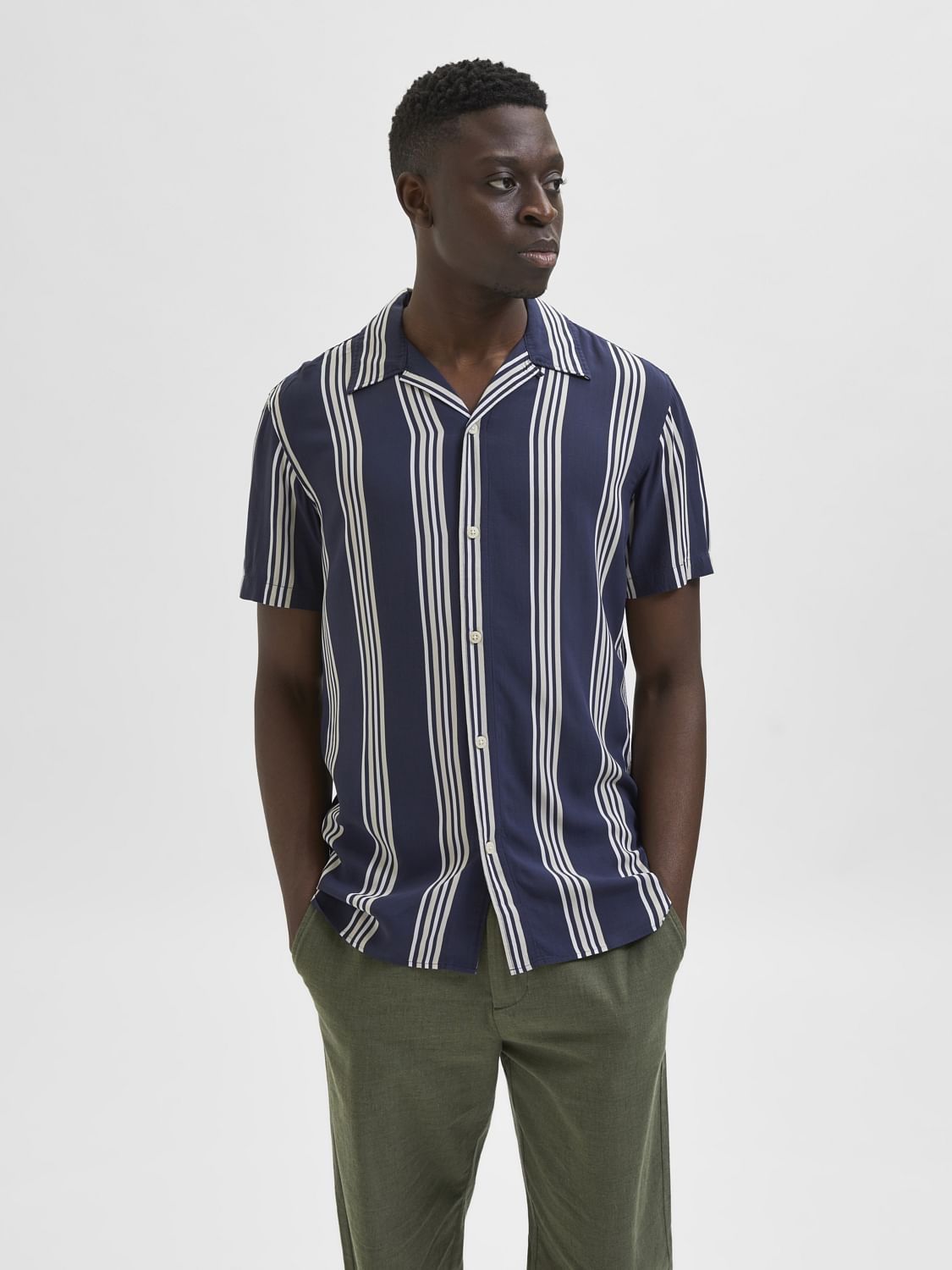 Blue Striped Cuban Collar Short Sleeves Shirt