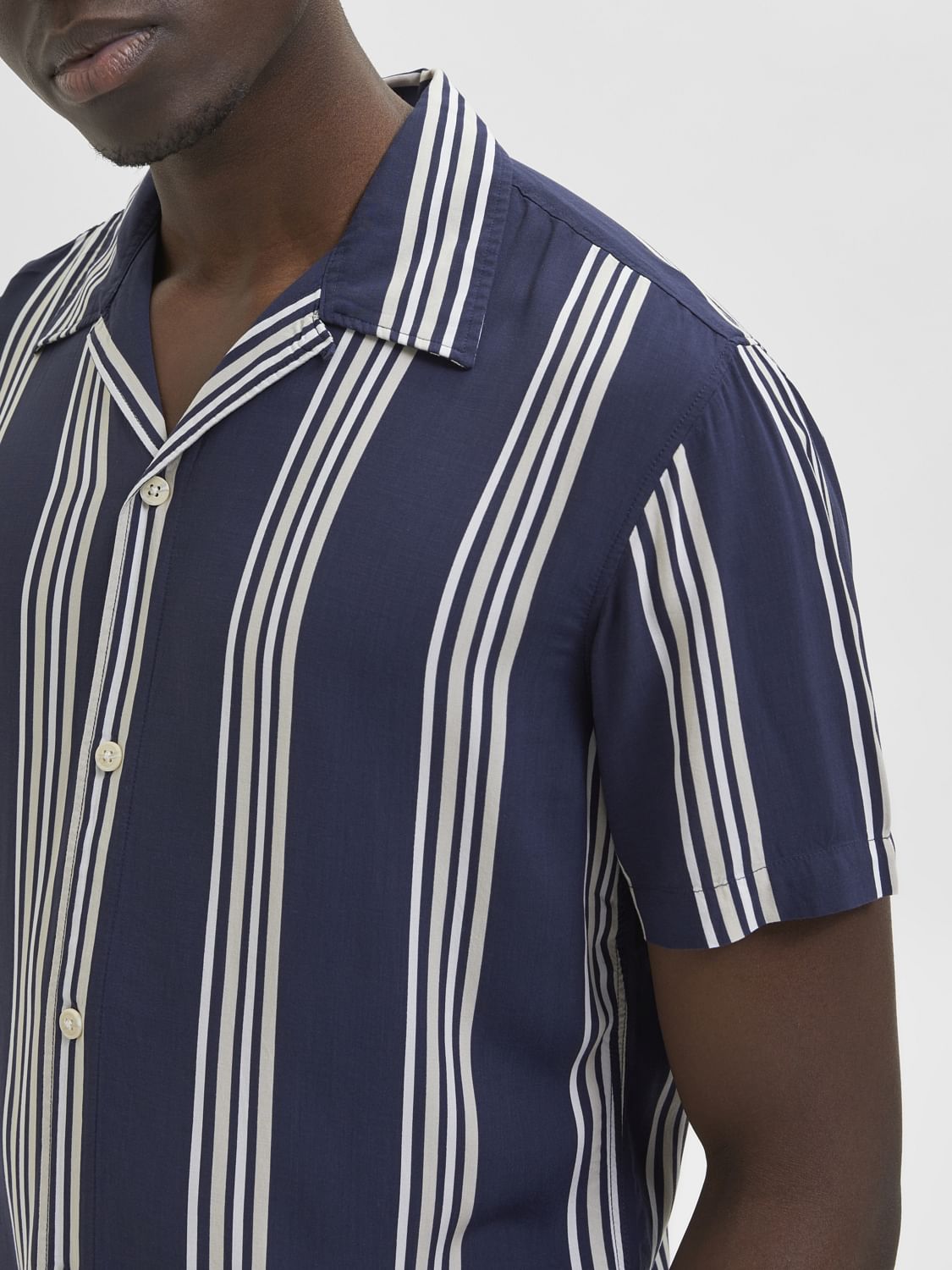 Blue Striped Cuban Collar Short Sleeves Shirt