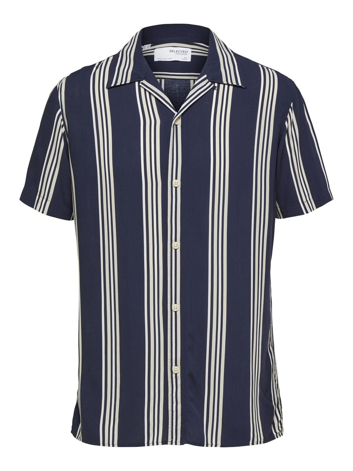 Blue Striped Cuban Collar Short Sleeves Shirt