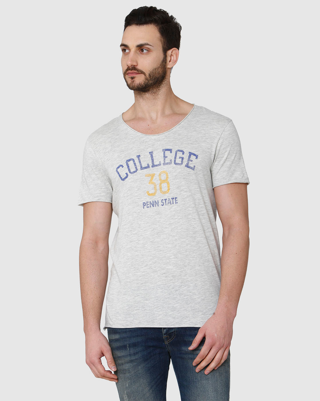 Grey Printed Crew Neck T-Shirt
