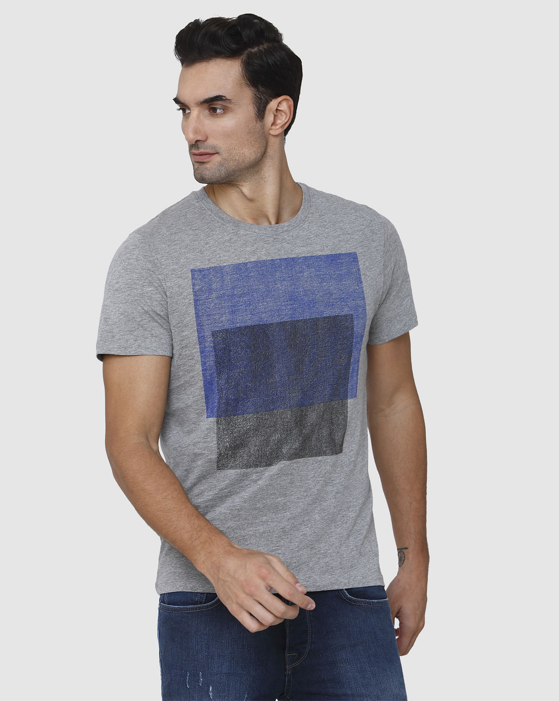 Grey Printed Crew Neck T-Shirt