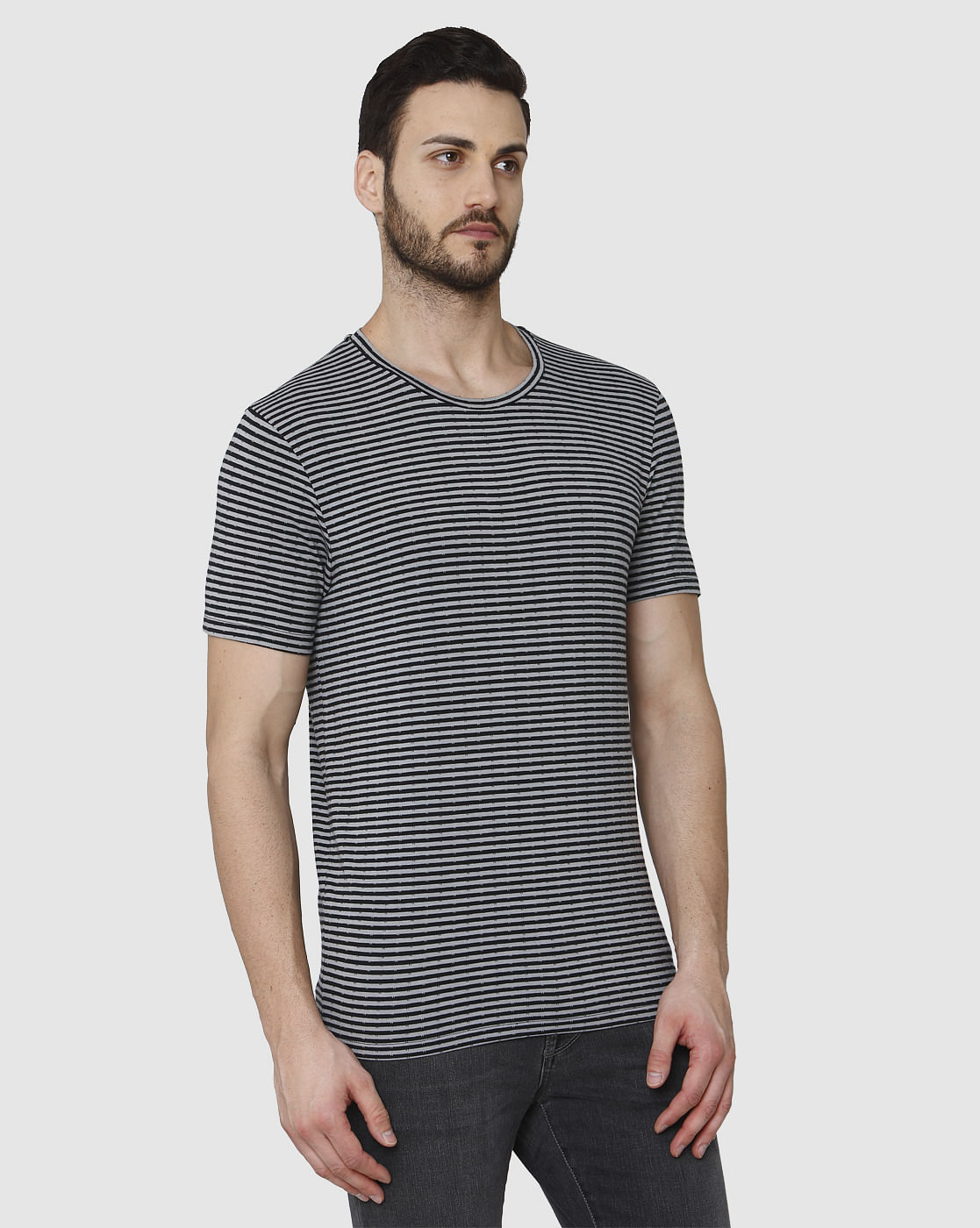 Grey Striped Crew Neck T-Shirt