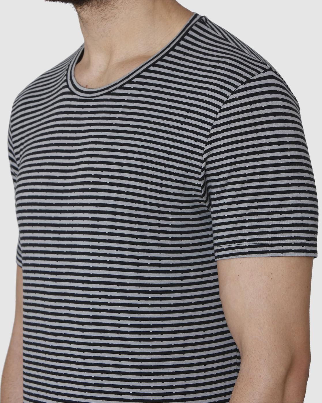 Grey Striped Crew Neck T-Shirt