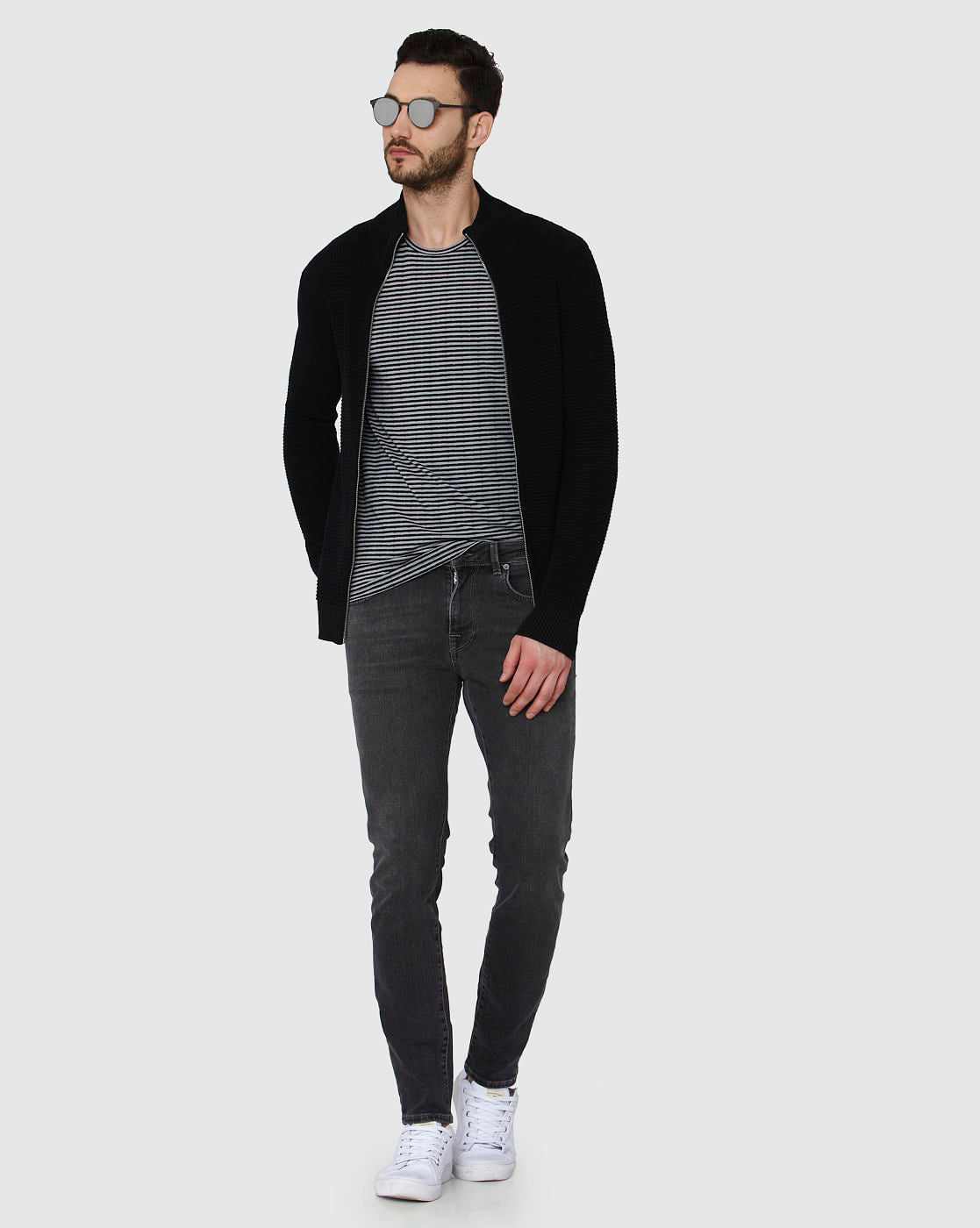 Grey Striped Crew Neck T-Shirt