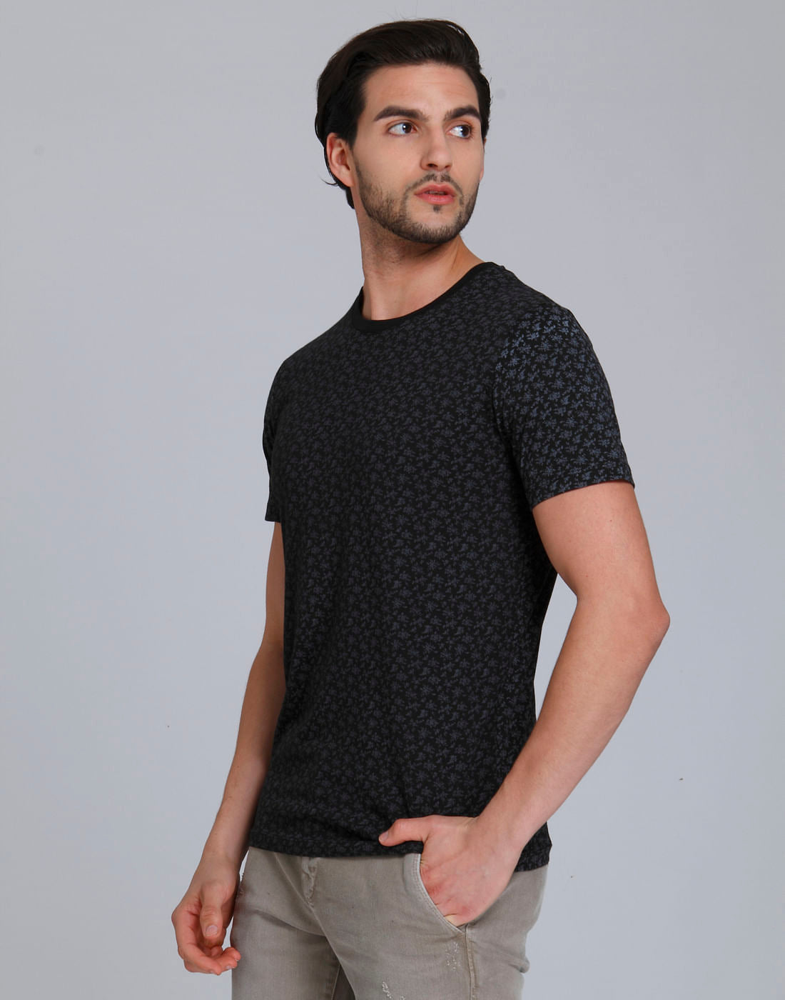Black Floral Print Crew Neck T-Shirt